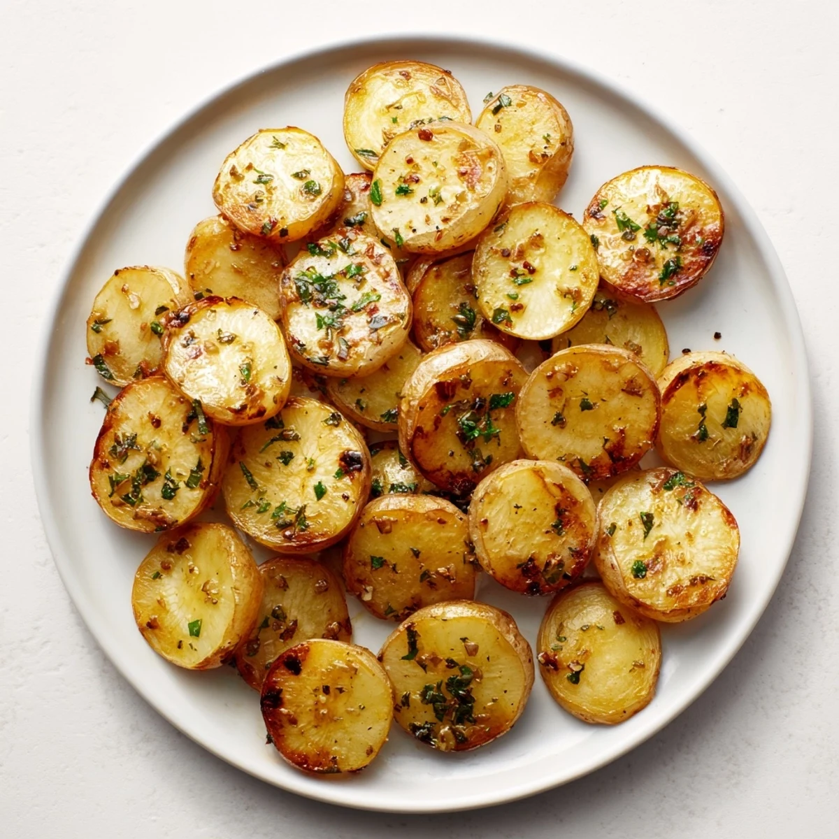 Simple garlic roasted radishes side dish showcasing halved vegetables with golden edges and aromatic herbs