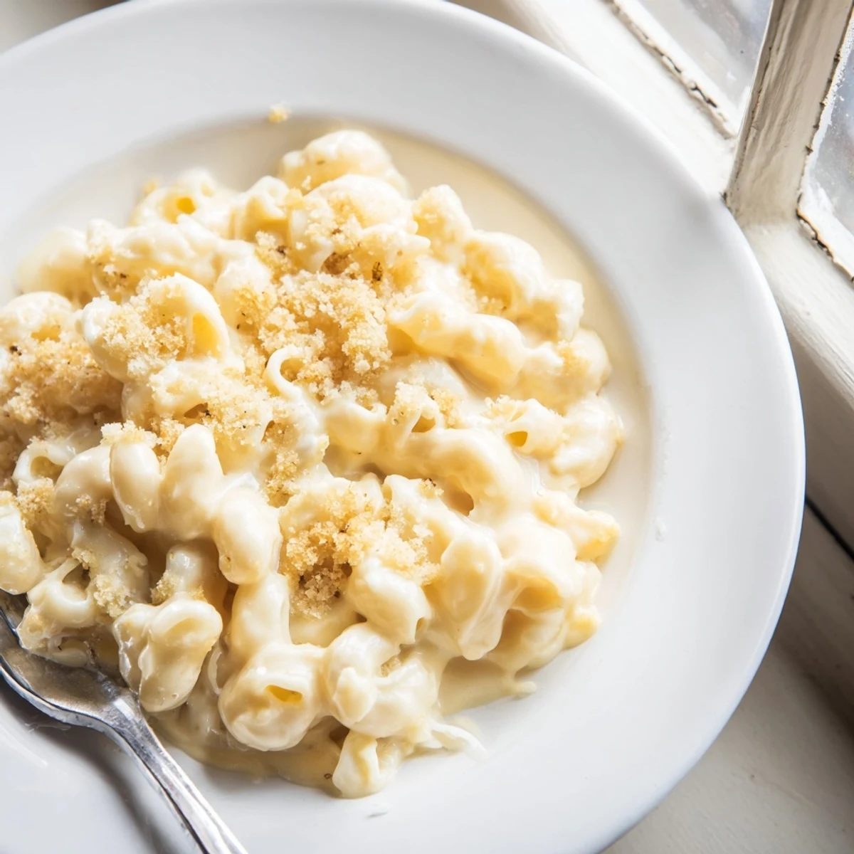 Velvety mac and cheese recipe with gooey cheese sauce draped over elbow macaroni noodles