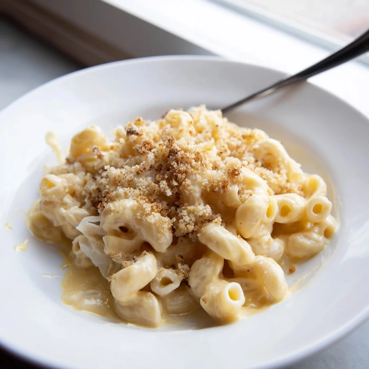 Golden baked mac and cheese casserole with crispy breadcrumb topping on a white plate