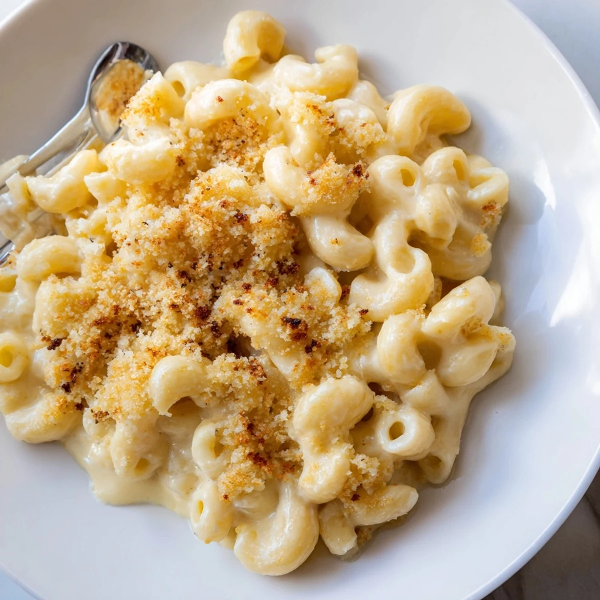 Creamy homemade mac and cheese featuring tender pasta coated in melted sharp cheddar sauce