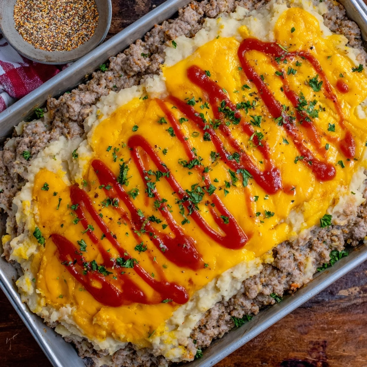 Bubbling meatloaf casserole served family-style with rich ketchup glaze and melted cheddar cheese