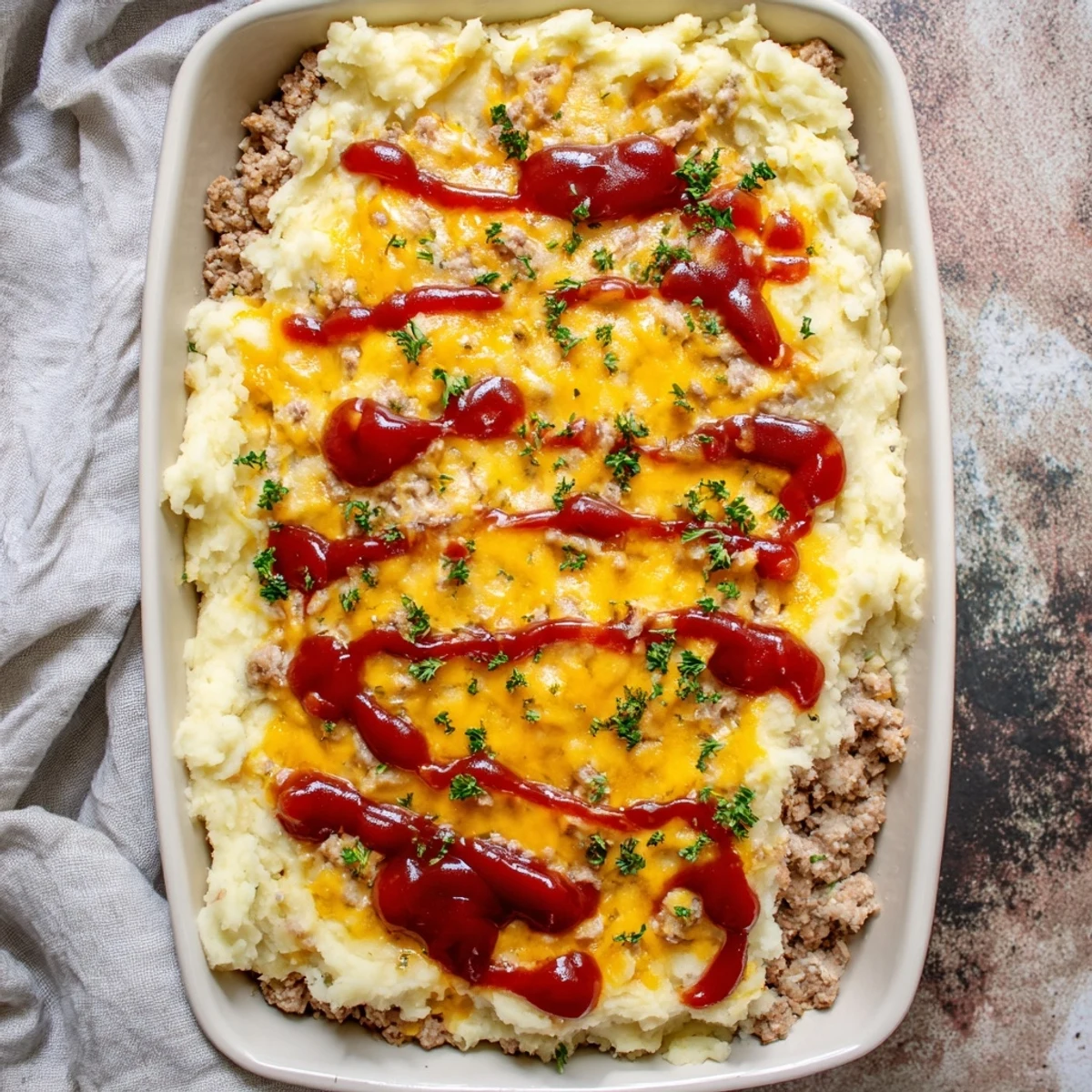 Golden cheesy meatloaf casserole topped with fluffy mashed potatoes and fresh parsley garnish