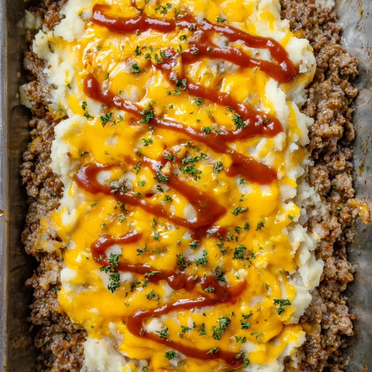 Hearty meatloaf casserole layers featuring seasoned meat base creamy potatoes and golden cheese topping