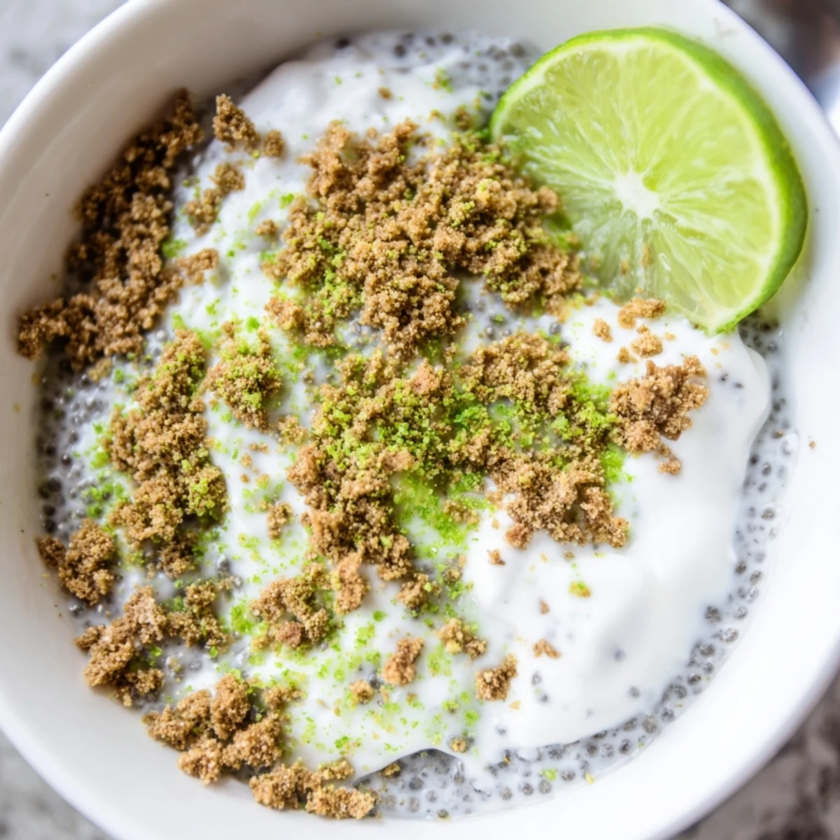 Creamy key lime chia pudding topped with fresh lime slices and coconut yogurt in a clear glass bowl