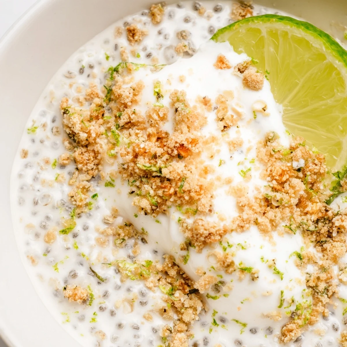 Vibrant green key lime chia pudding layered with coconut yogurt and crushed graham cracker crumbs