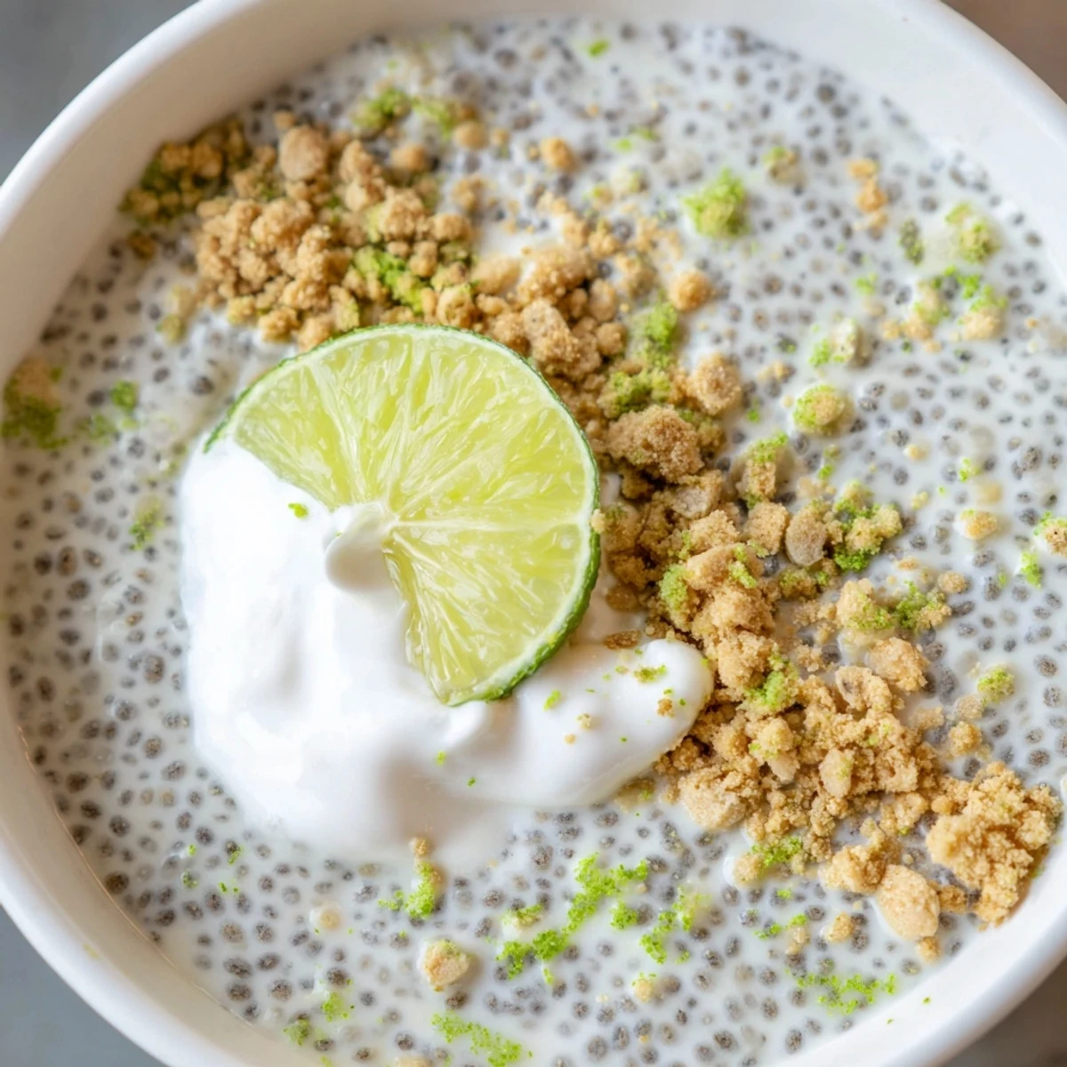 Tangy key lime chia pudding dessert garnished with lime zest and creamy coconut yogurt topping