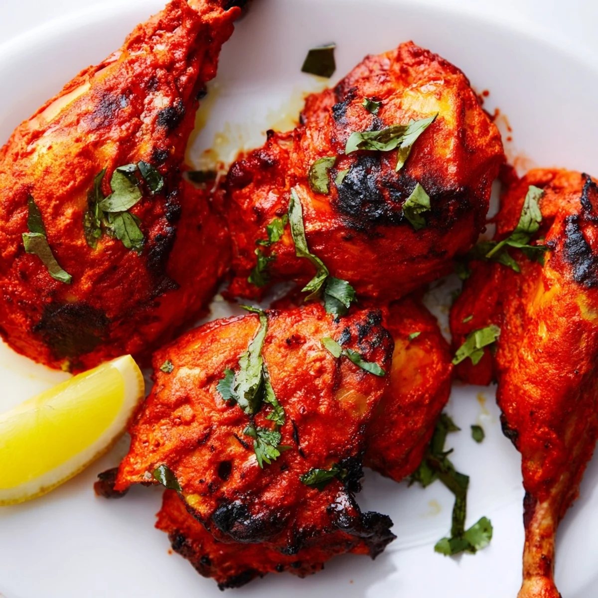Tandoori chicken with vibrant red spices charred to perfection on a wire rack