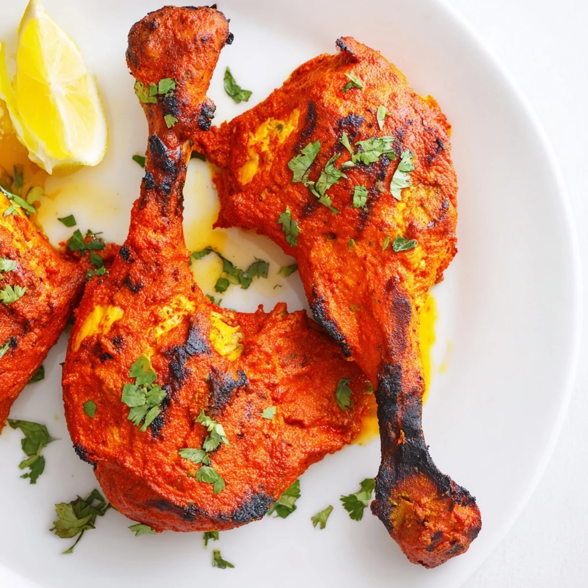 Succulent yogurt-marinated tandoori chicken garnished with fresh cilantro and lemon wedges