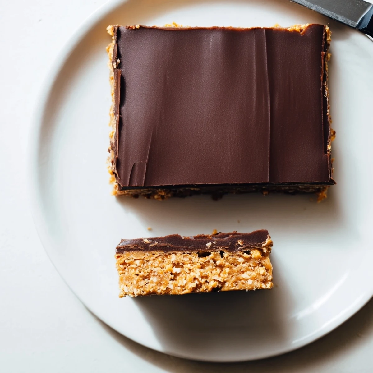 Chewy no-bake peanut butter bars topped with glossy melted chocolate layer on white plate