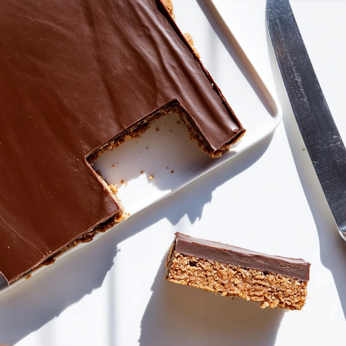 Rich peanut butter bars with smooth chocolate ganache topping cut into neat rectangular squares