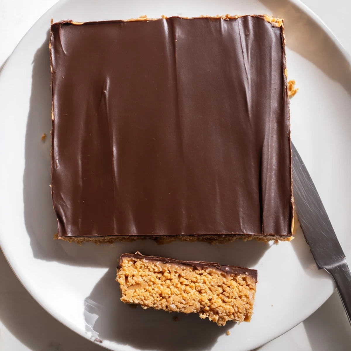 Homemade peanut butter bars featuring creamy base and dark chocolate drizzle on parchment paper