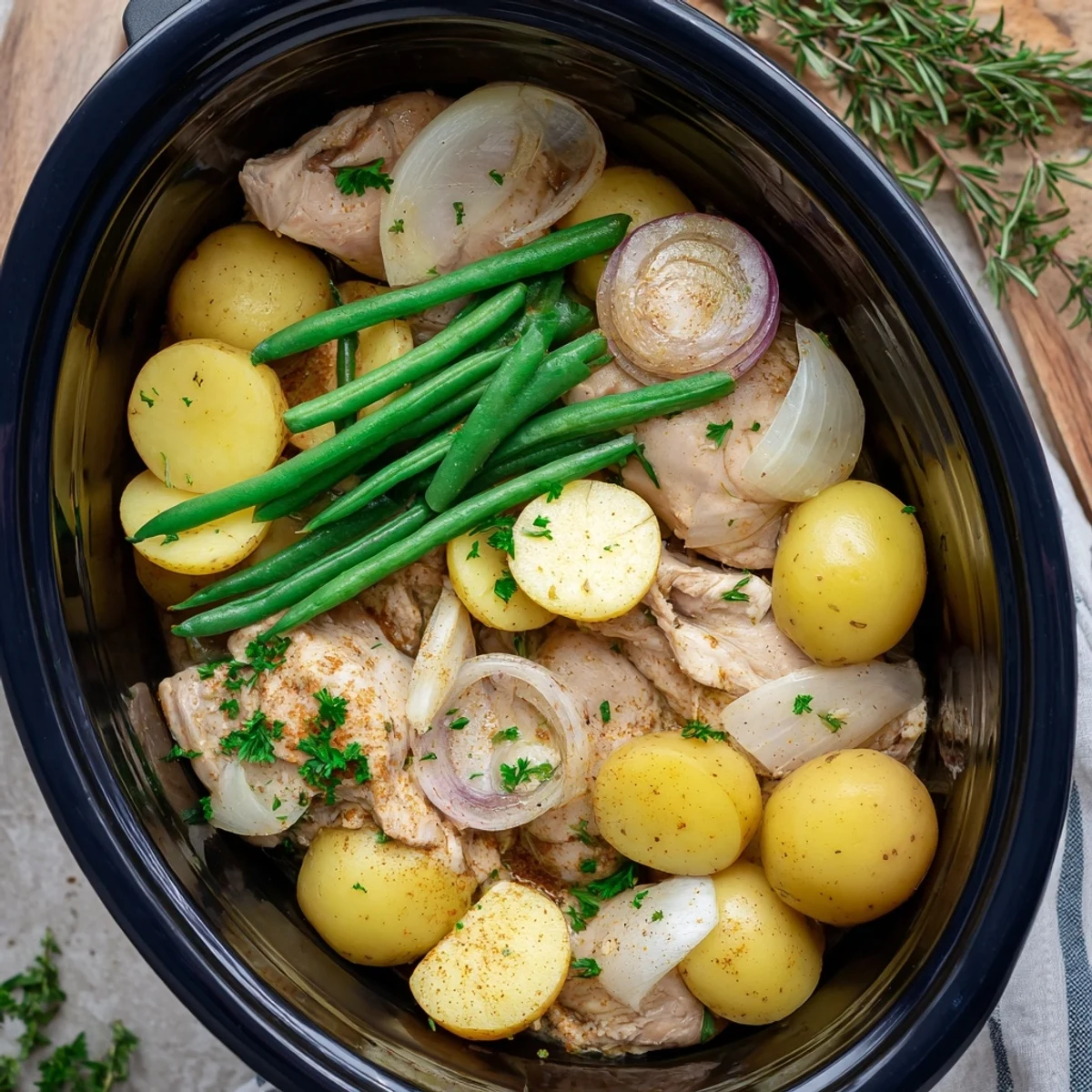 Slow cooker chicken and potatoes with green beans in a savory herb broth