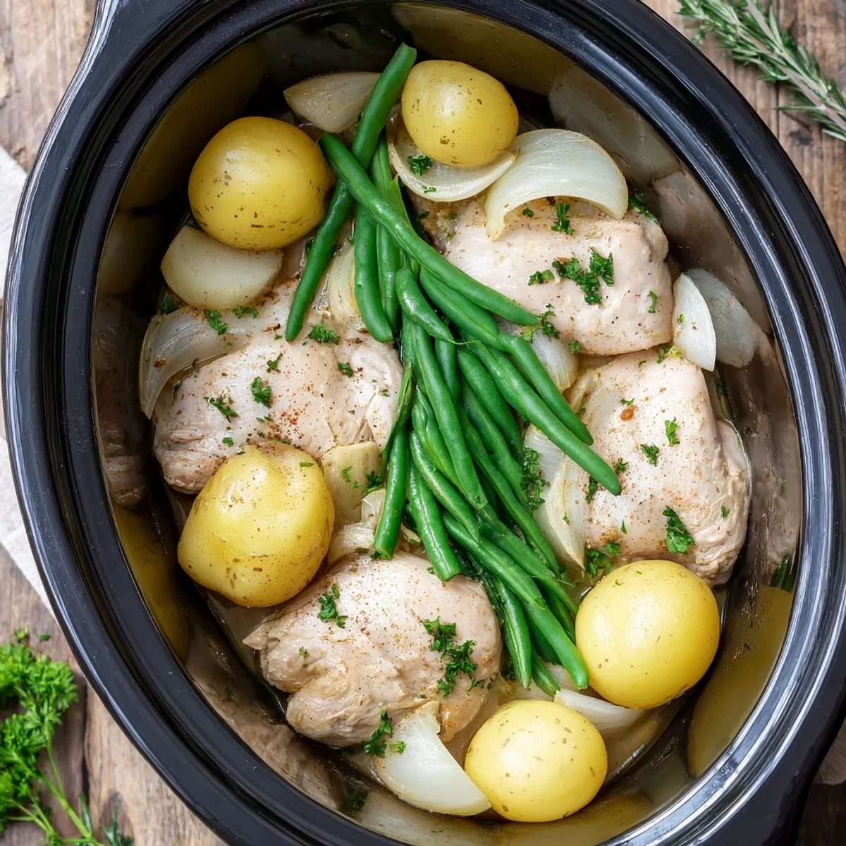 Tender slow cooker chicken breasts served with baby potatoes and fresh green beans