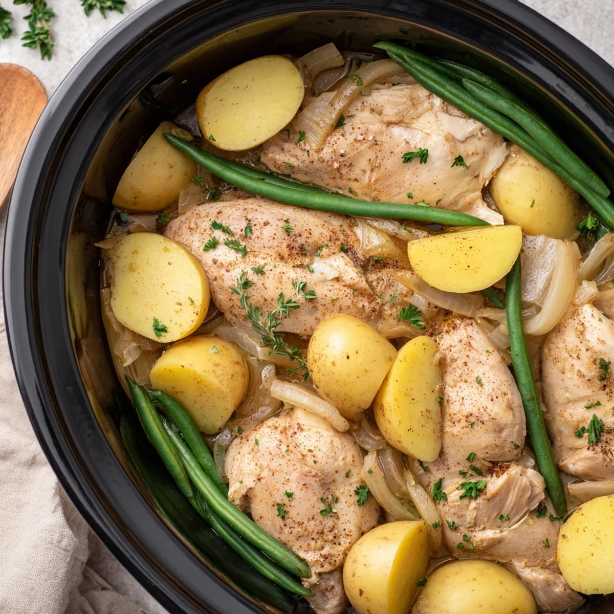 Hearty chicken and potatoes with green beans slow-cooked with rosemary and thyme