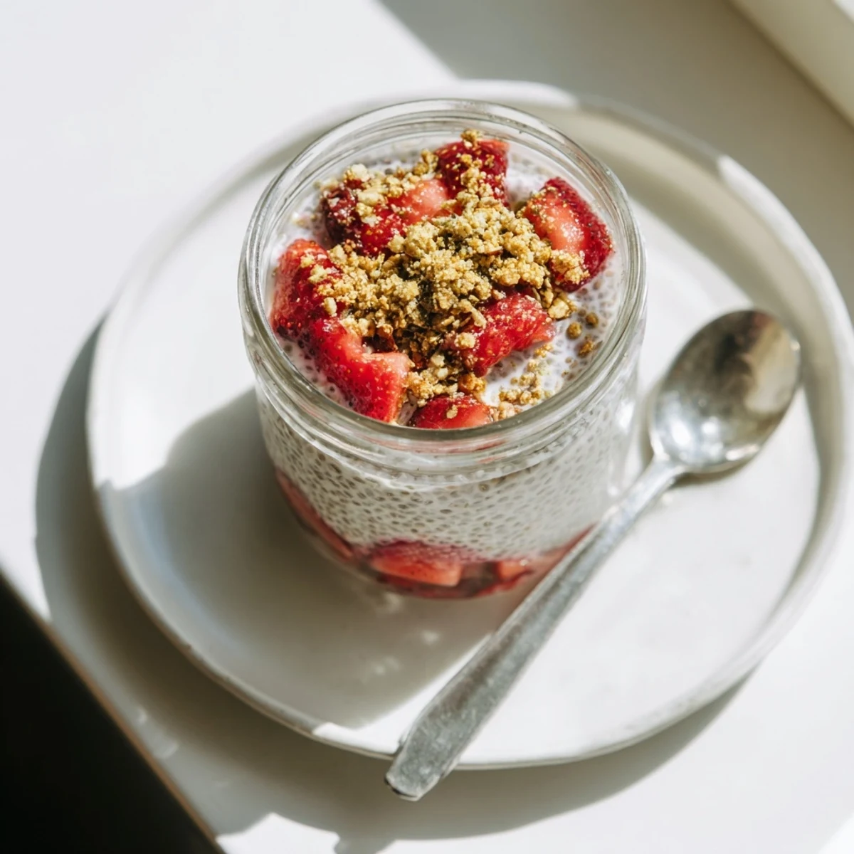 Parfait of strawberry crumble chia pudding with fresh red berries and crisp cinnamon oat topping