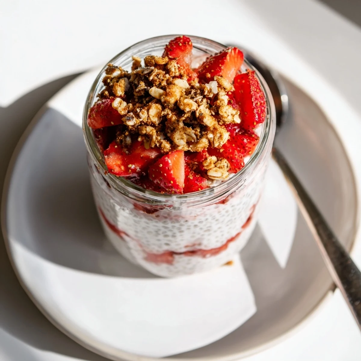 Glass jar layered with creamy strawberry crumble chia pudding topped with golden oat crumble