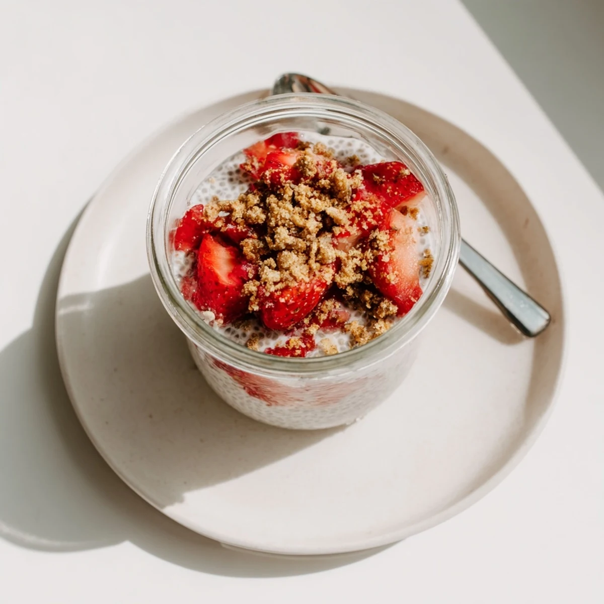 Spoon lifting strawberry crumble chia pudding layered with sweet macerated berries and crunchy baked oats