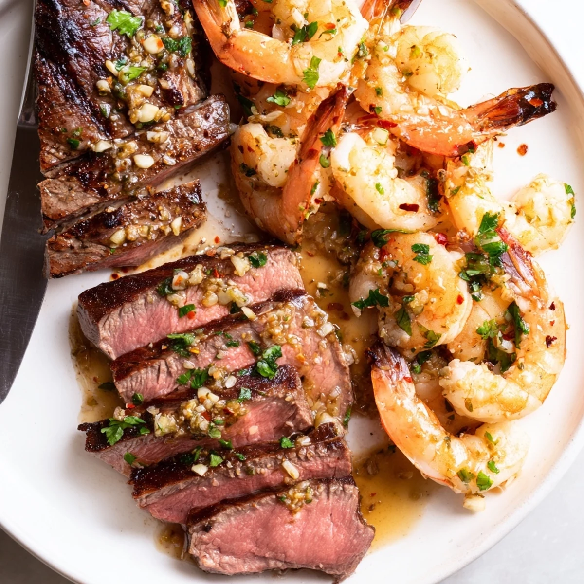 Pan-seared steak and garlic butter shrimp plated on a white dish with fresh parsley