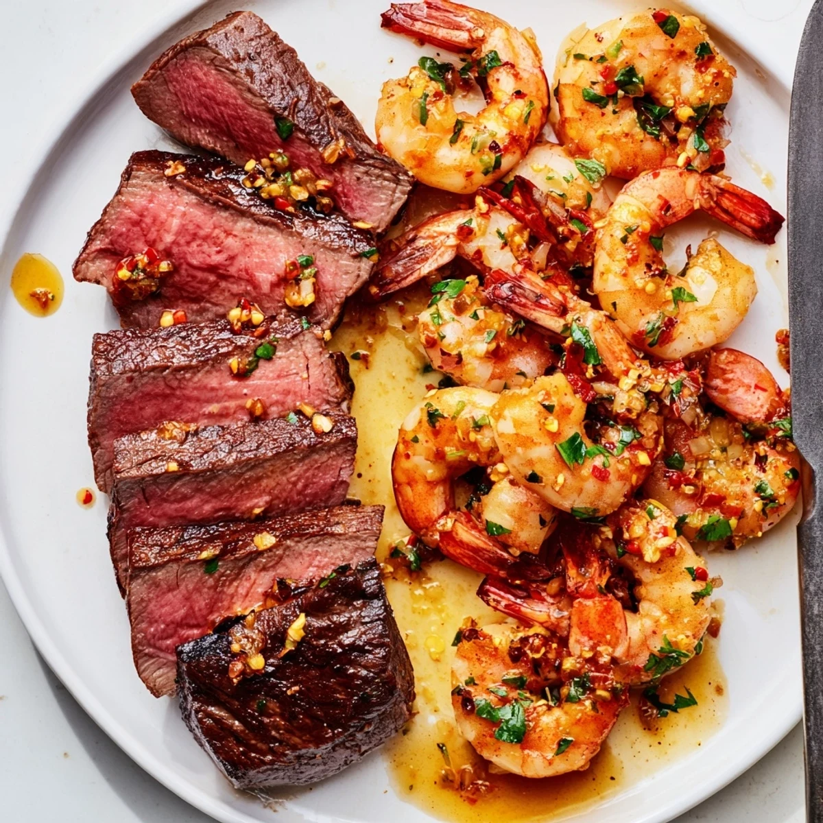 Juicy ribeye steak and garlic butter shrimp drizzled with rich lemon sauce