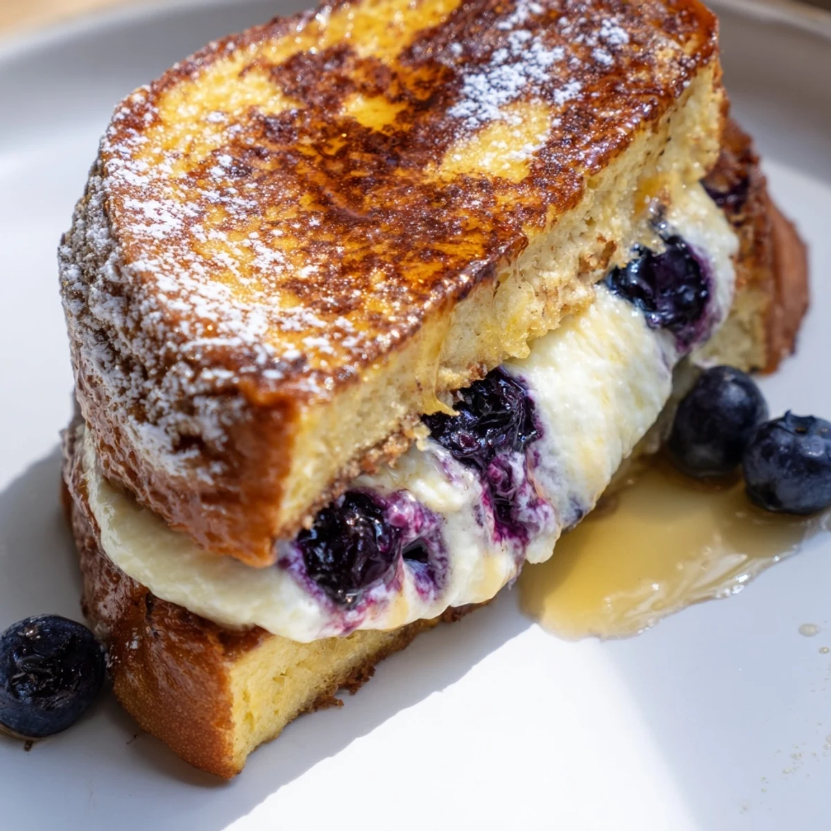 Creamy blueberry cheesecake stuffed French toast dusted with powdered sugar and fresh berries