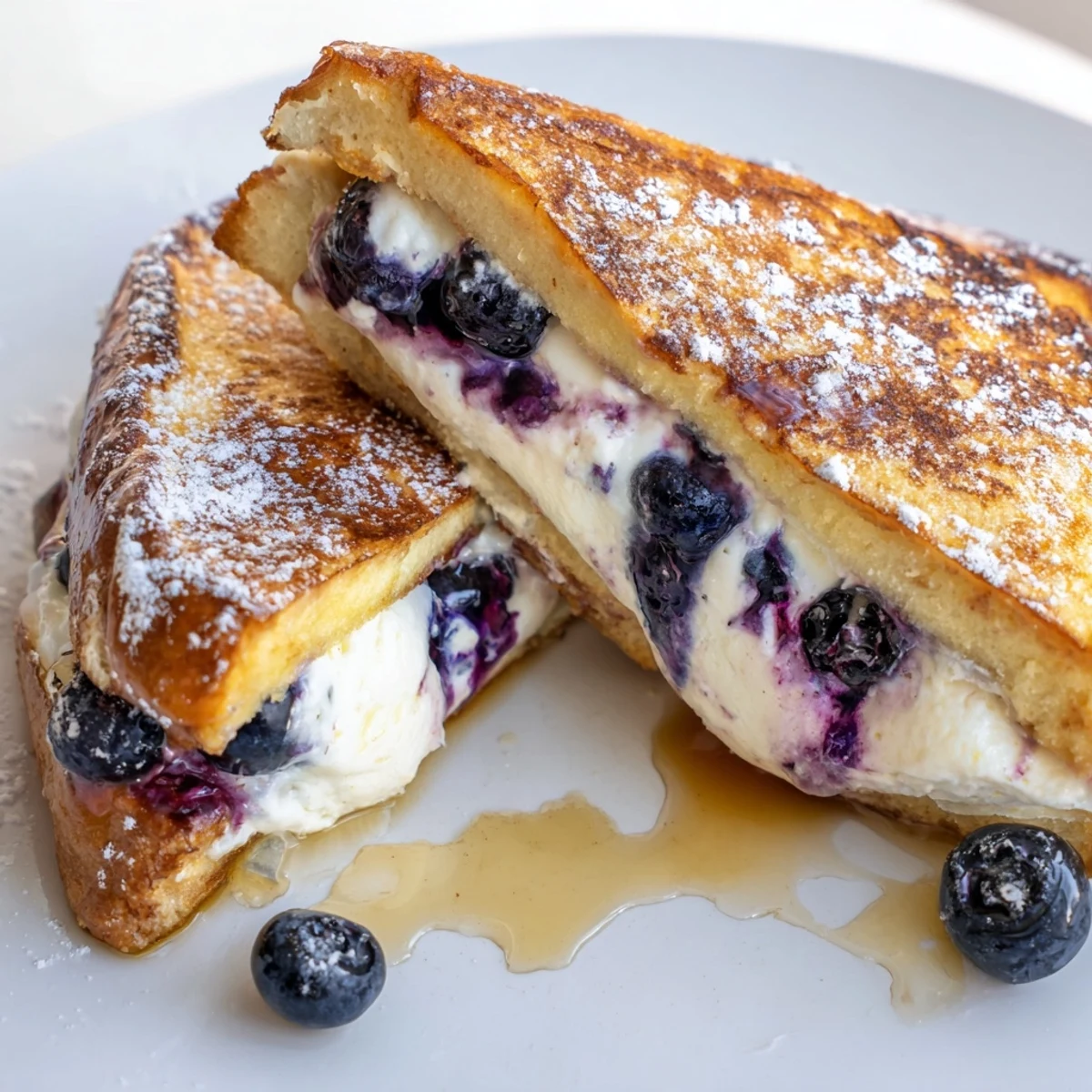 Golden blueberry cheesecake stuffed French toast drizzled with maple syrup on a plate