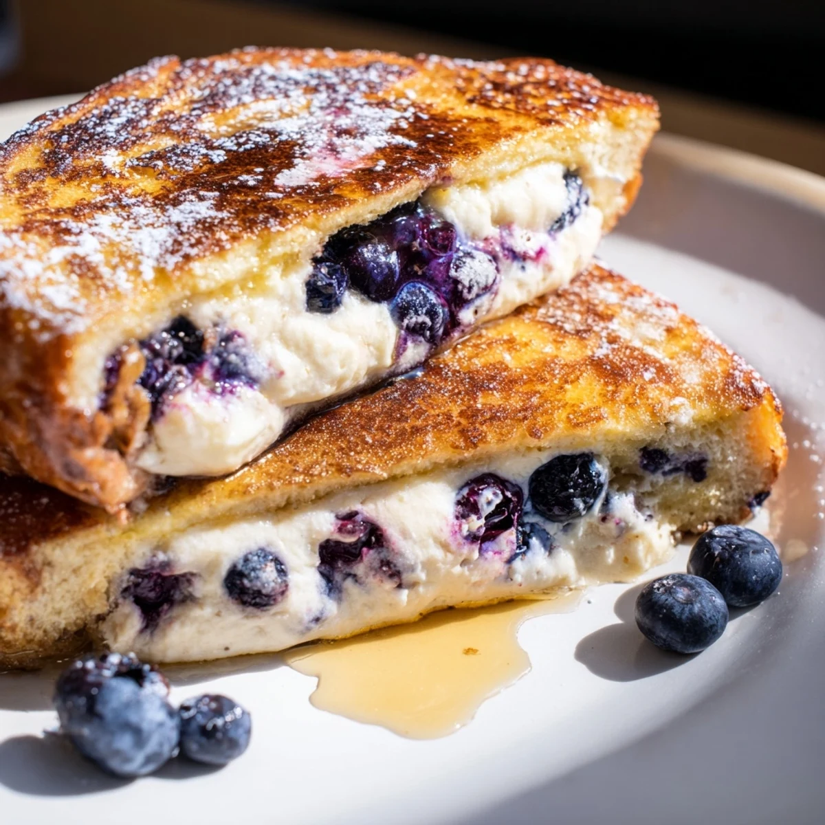 Crispy pan-fried blueberry cheesecake stuffed French toast oozing with warm cream cheese filling