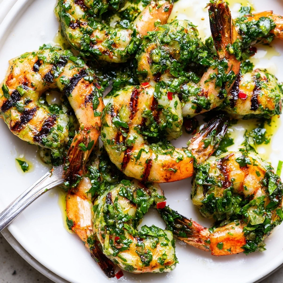 Golden chimichurri shrimp sizzling on a platter with fresh herb sauce drizzled on top