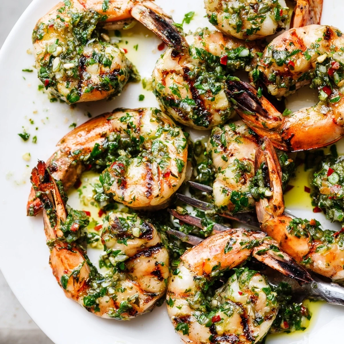 Juicy grilled chimichurri shrimp skewers topped with vibrant green parsley and cilantro sauce