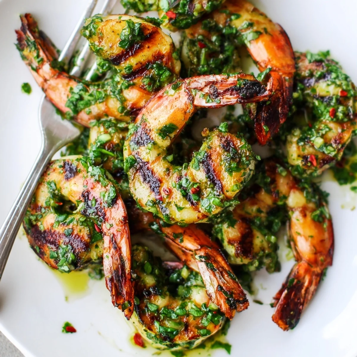 Chimichurri shrimp nestled over grilled vegetables with a bright, herby marinade glistening
