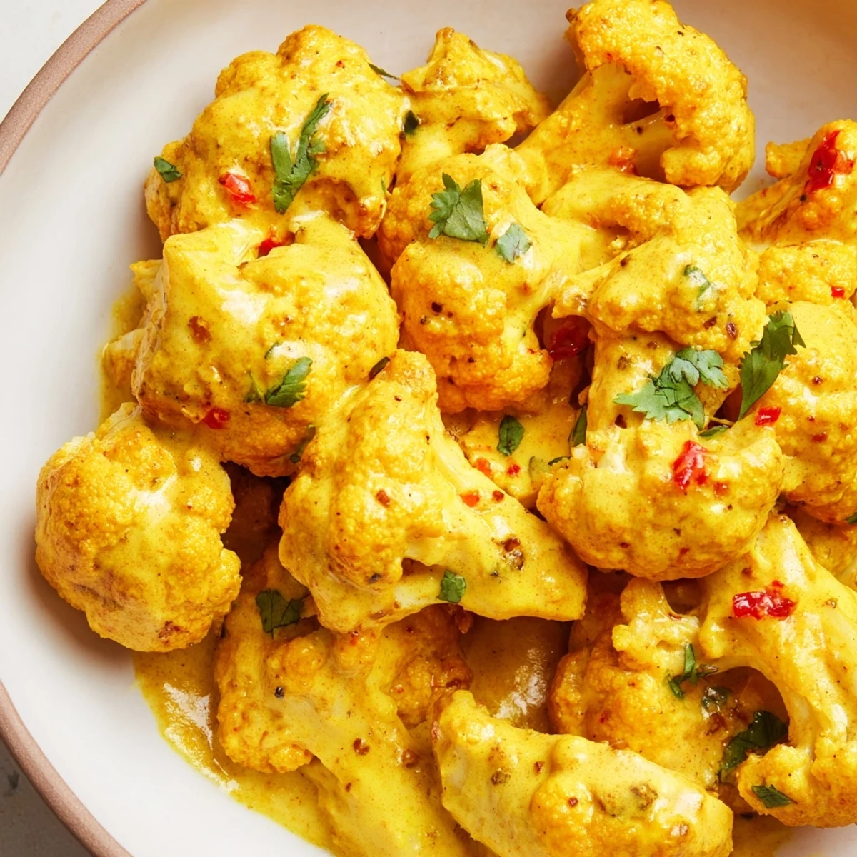 Creamy Greek yogurt cauliflower curry in a golden turmeric sauce with fresh cilantro garnish