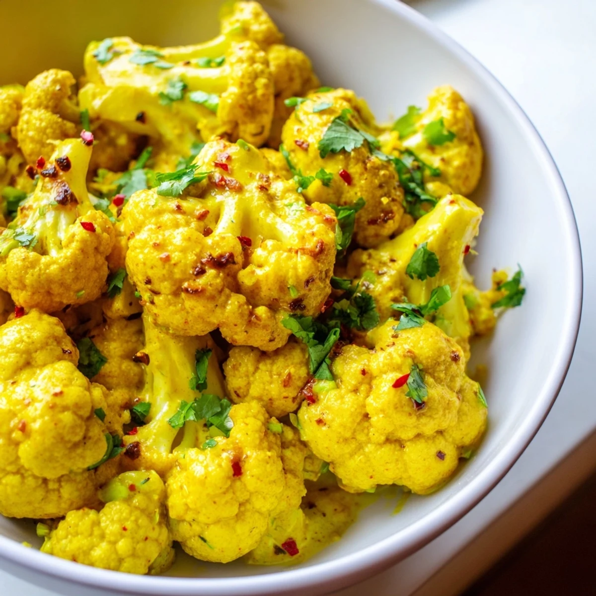 Bowl of Greek yogurt cauliflower curry with tender roasted florets in spiced tomato yogurt gravy