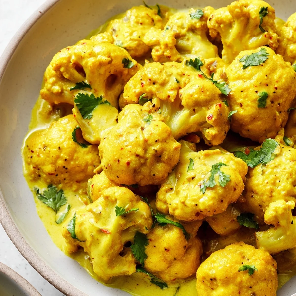 Warm Greek yogurt cauliflower curry topped with chopped cilantro and served alongside fluffy basmati rice
