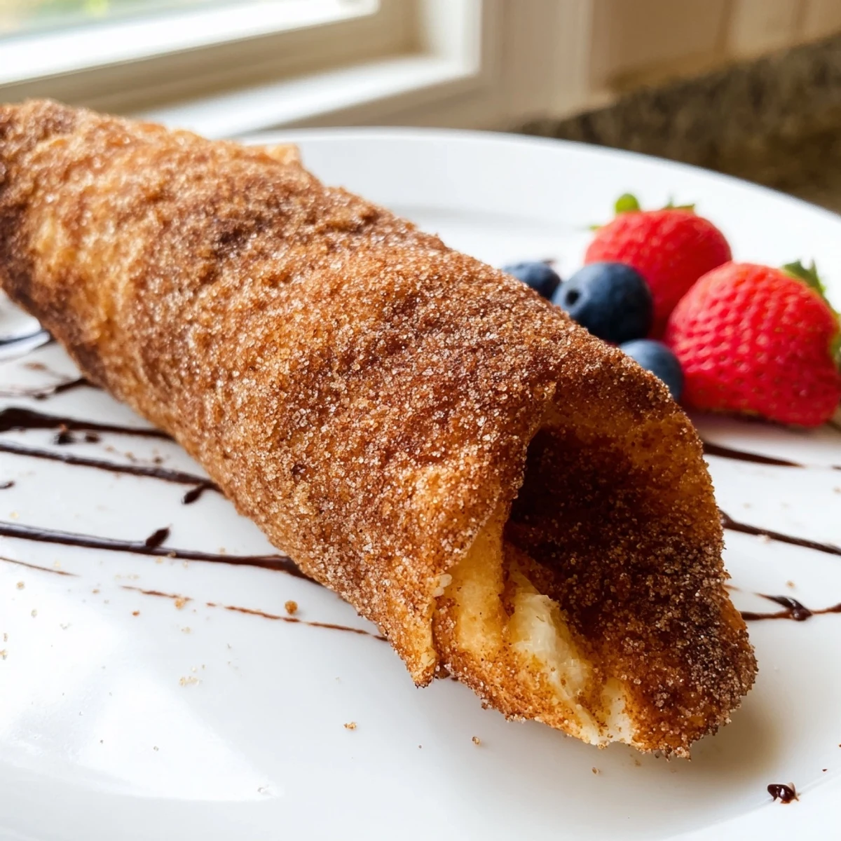 Golden crispy cheesecake chimichangas dusted with cinnamon sugar on a rustic plate
