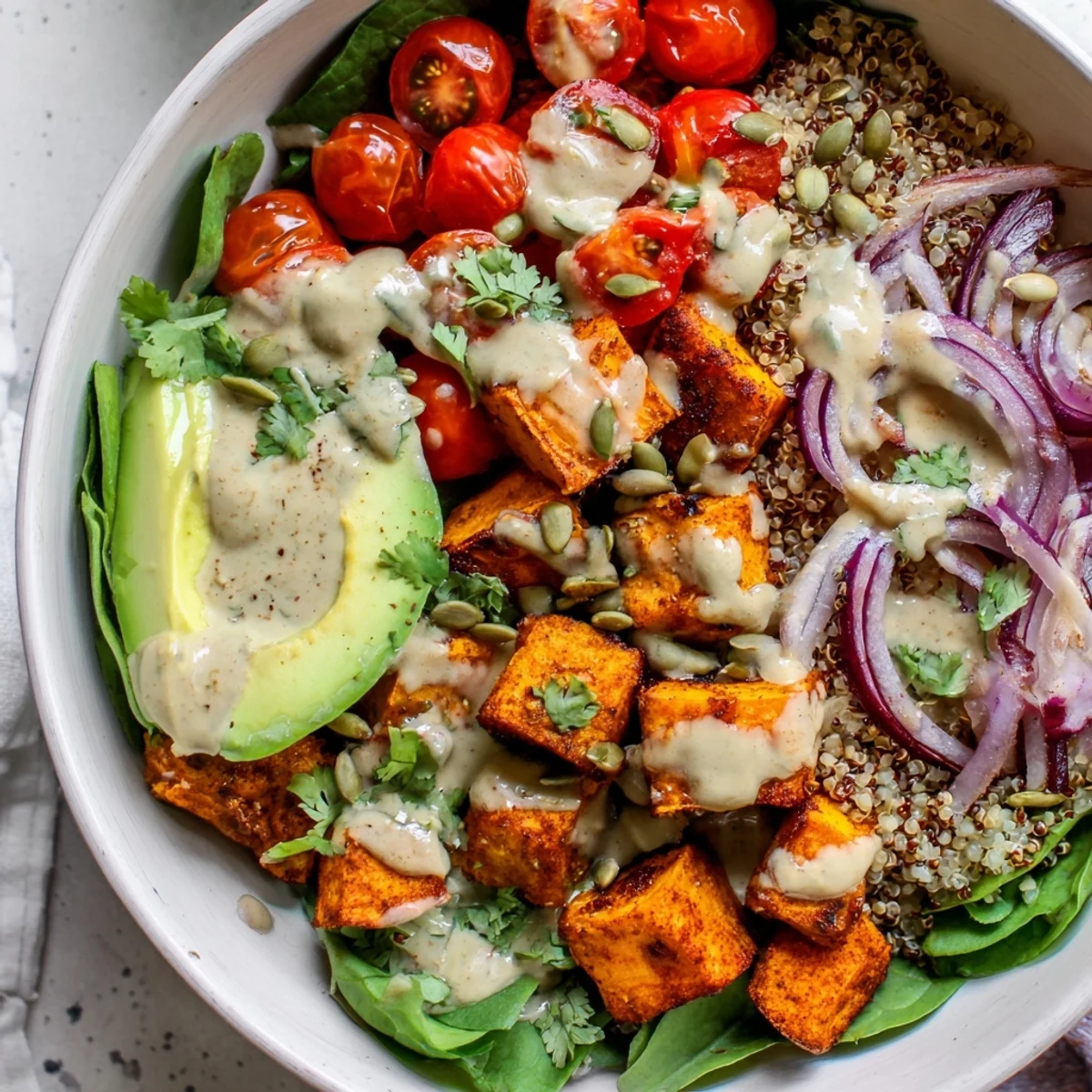 Sweet potato bowl layered over fluffy quinoa with fresh greens and pepitas