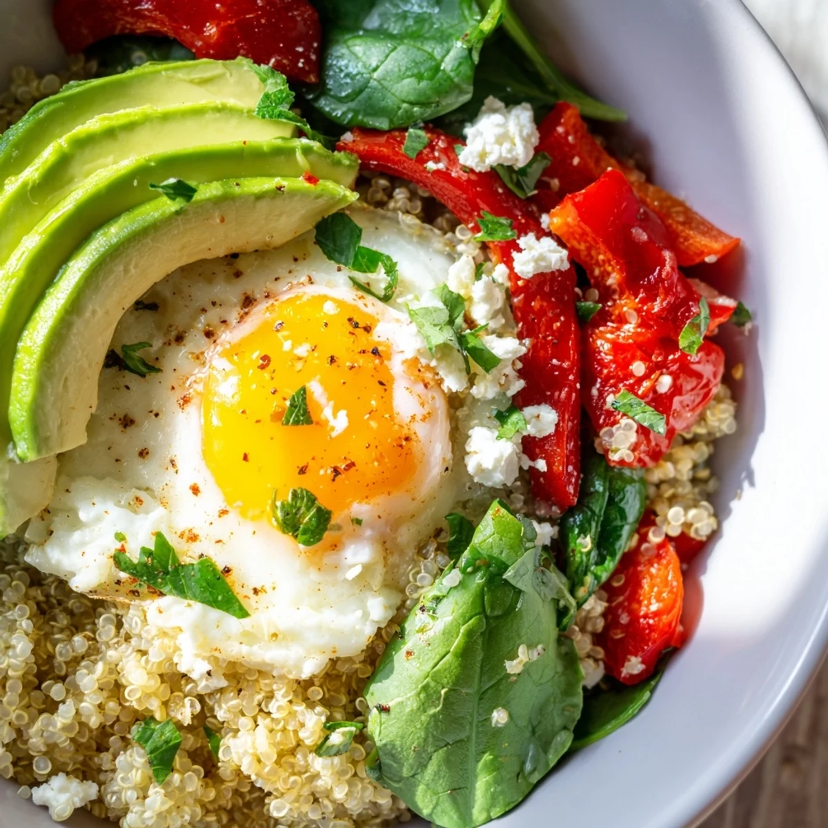 Fluffy savory quinoa breakfast bowl topped with sautéed vegetables and a fried egg