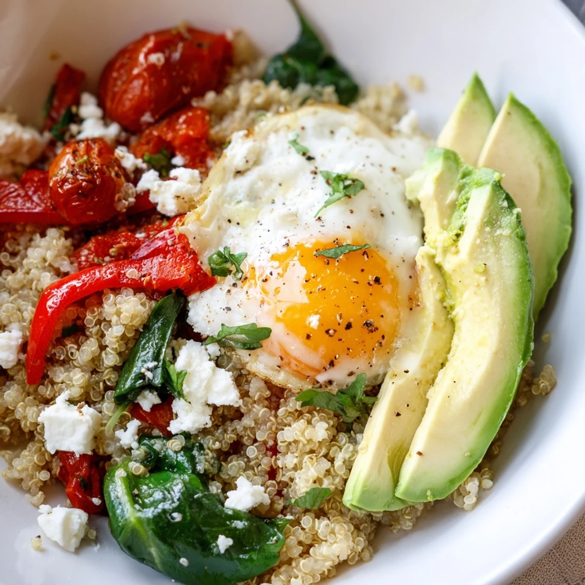 Warm savory quinoa breakfast bowl garnished with feta, avocado, and fresh parsley