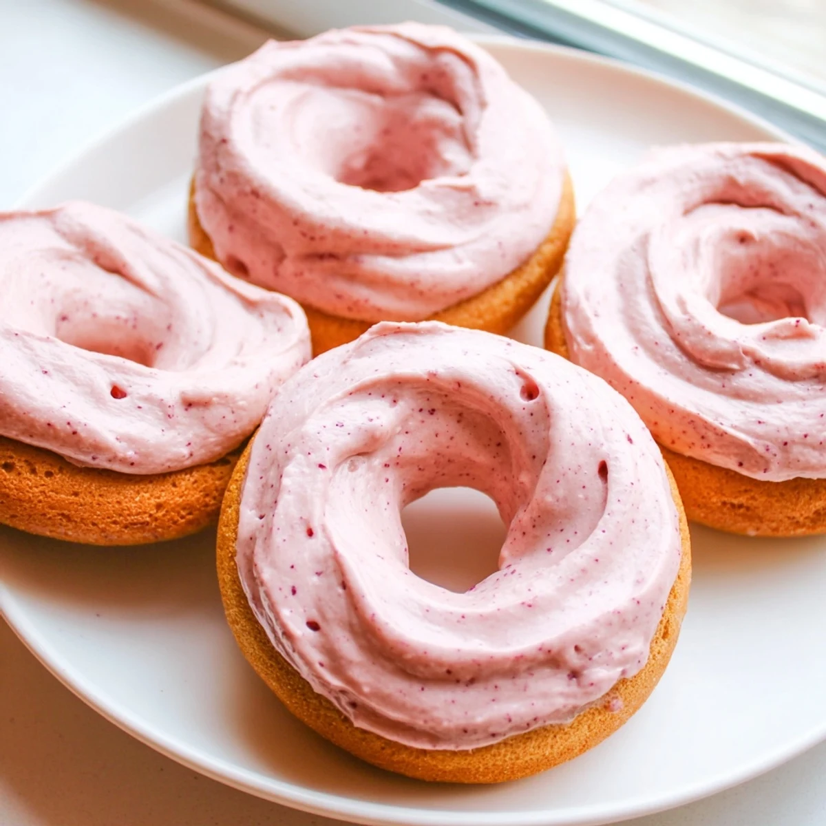 Golden Strawberry Buttercream Frosted Donuts piped high with creamy berry frosting and sprinkles