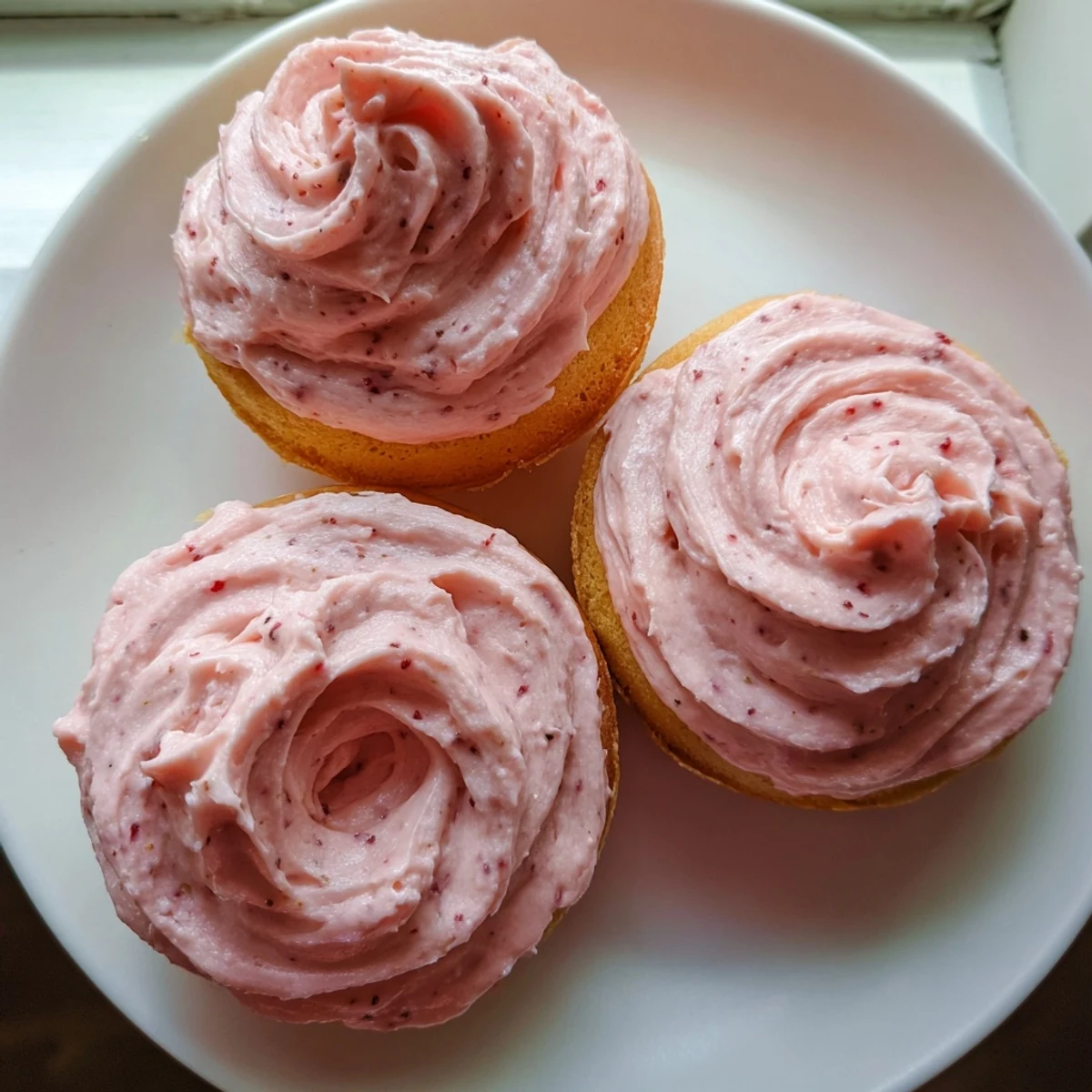 Fresh Strawberry Buttercream Frosted Donuts arranged on a wire rack showing fluffy pink tops