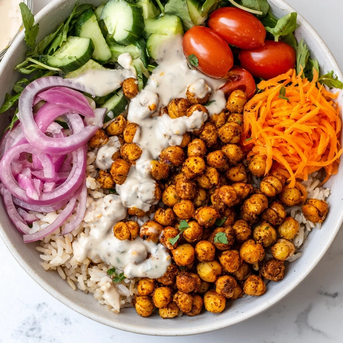 Golden crispy chickpea shawarma bowl drizzled with creamy tahini over fresh greens and vegetables