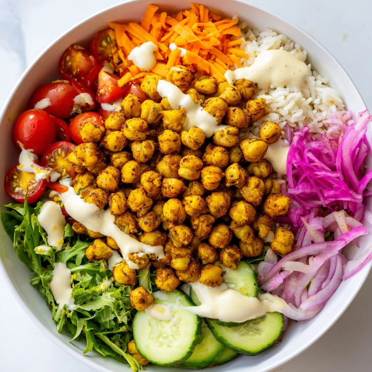 Spiced roasted chickpea shawarma bowl served on fluffy rice with colorful crunchy vegetables