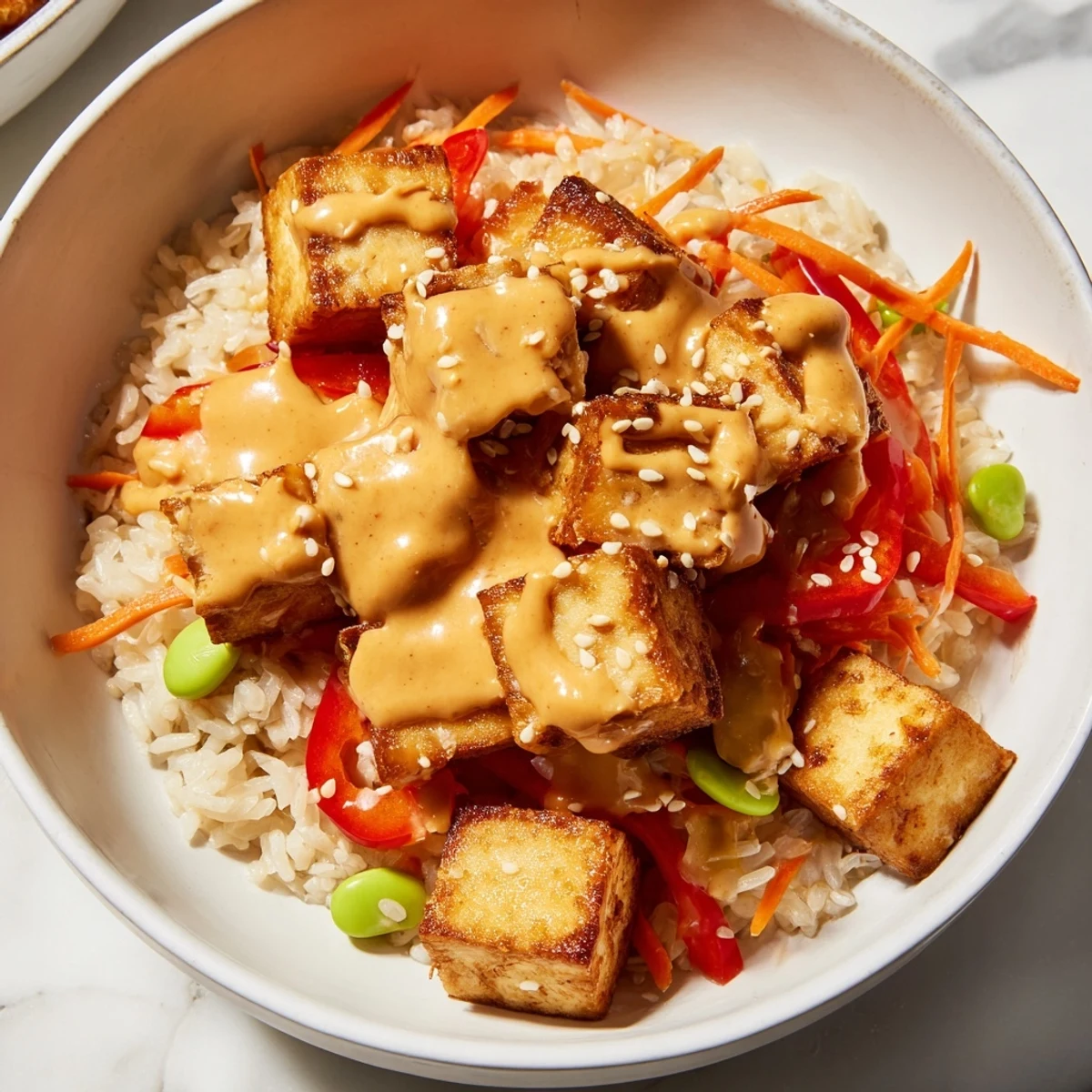 Crispy golden tofu rice bowl with peanut sauce drizzled over fresh colorful vegetables