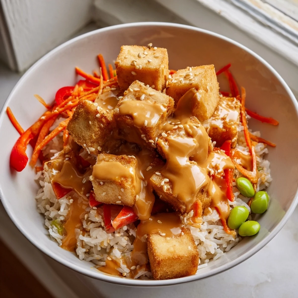 Vibrant tofu rice bowl featuring crisp veggies and rich peanut sauce garnished with scallions