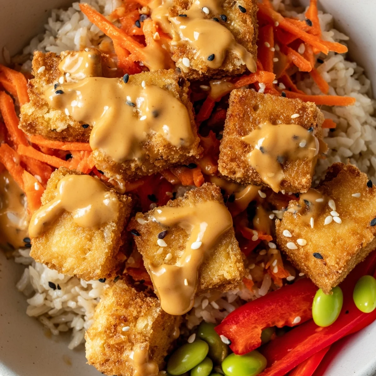 Steaming tofu rice bowl topped with creamy peanut sauce and crunchy sesame seeds