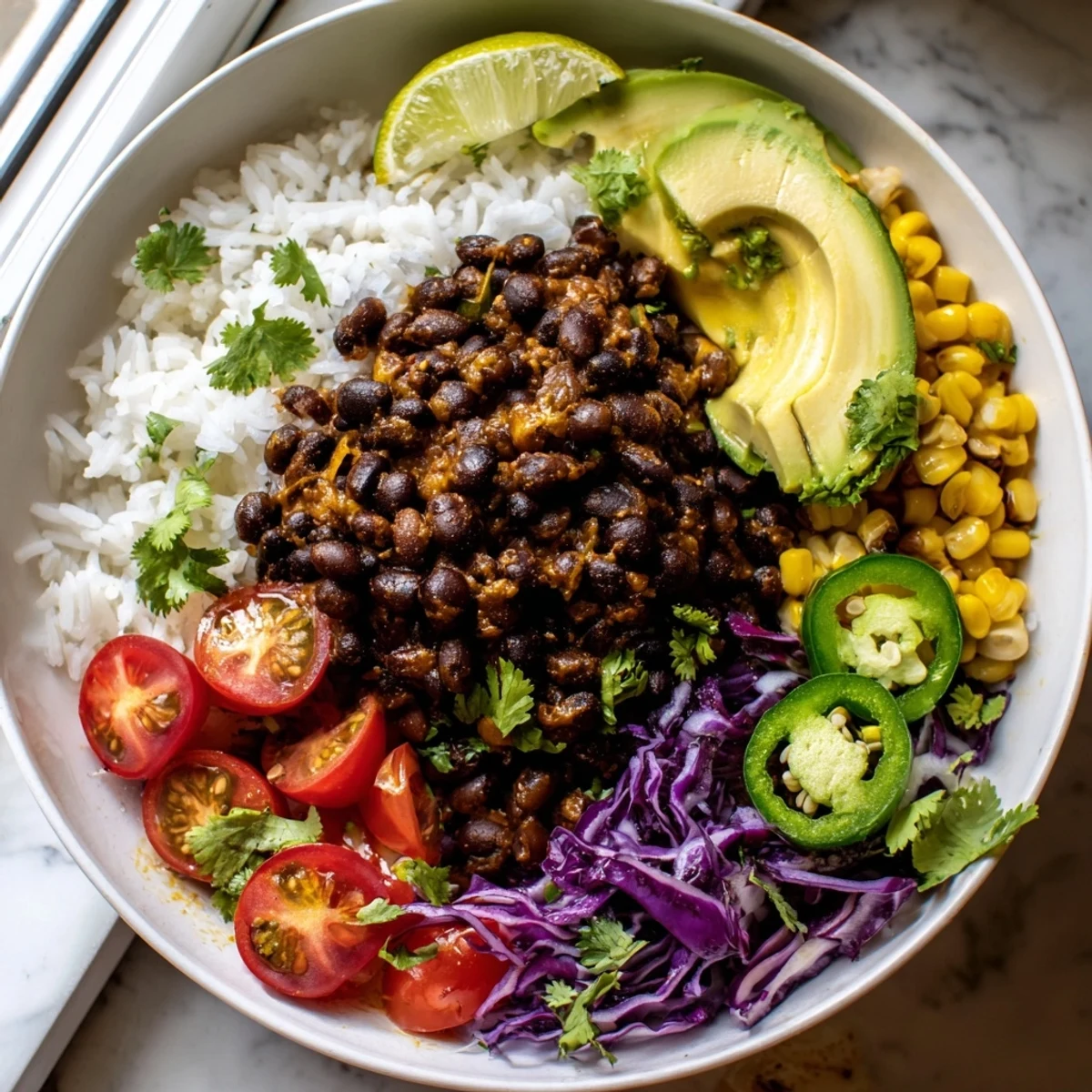 Colorful black bean and rice bowl layered with shredded cabbage and sweet corn