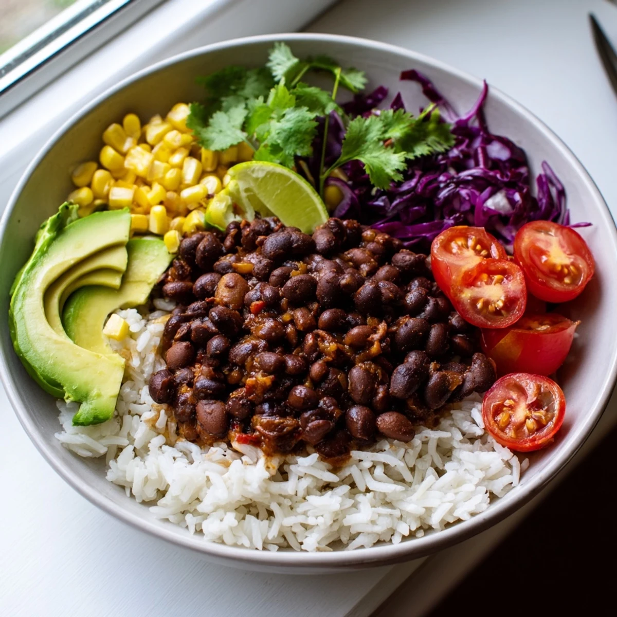 Steaming black bean and rice bowl garnished with cherry tomatoes and lime wedges