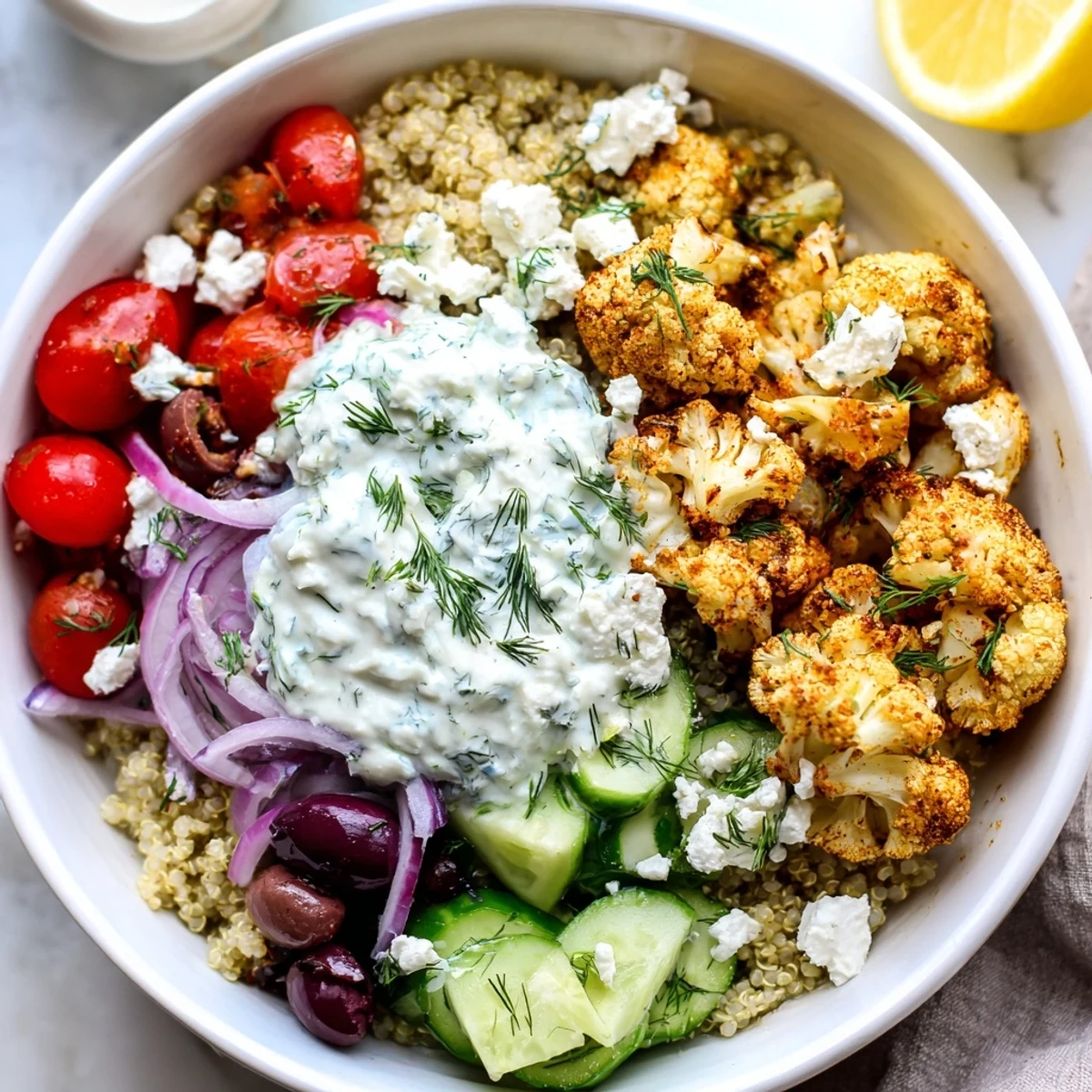 Golden roasted Greek cauliflower bowl topped with crumbled feta and creamy tzatziki drizzle