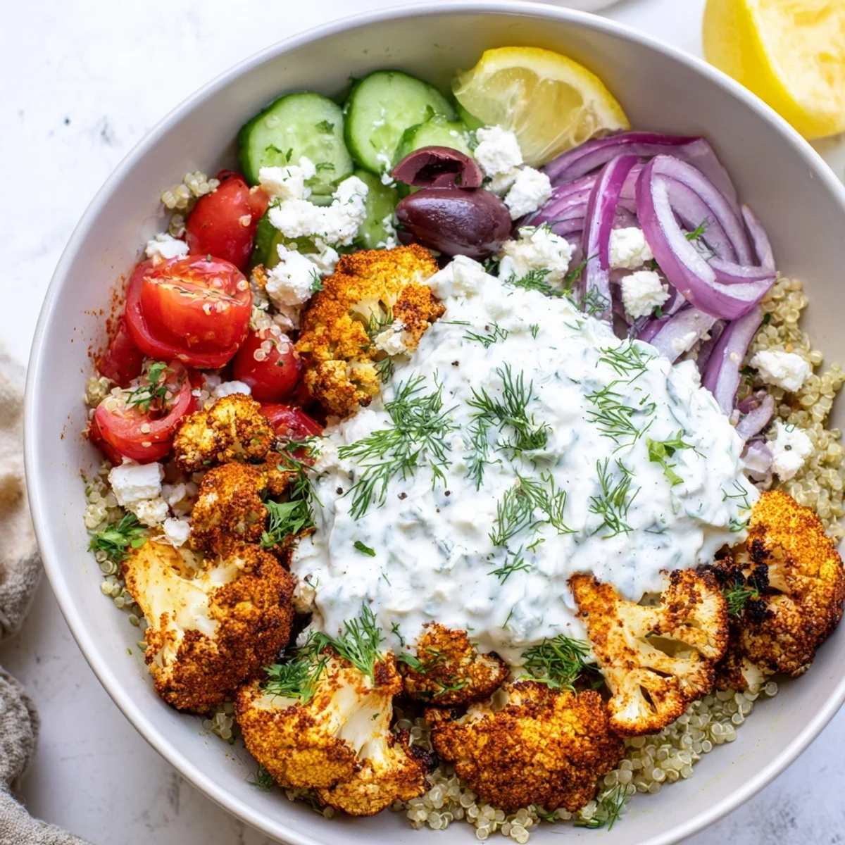 Crispy spiced Greek cauliflower bowl served fresh with tangy tzatziki and bright lemon wedges