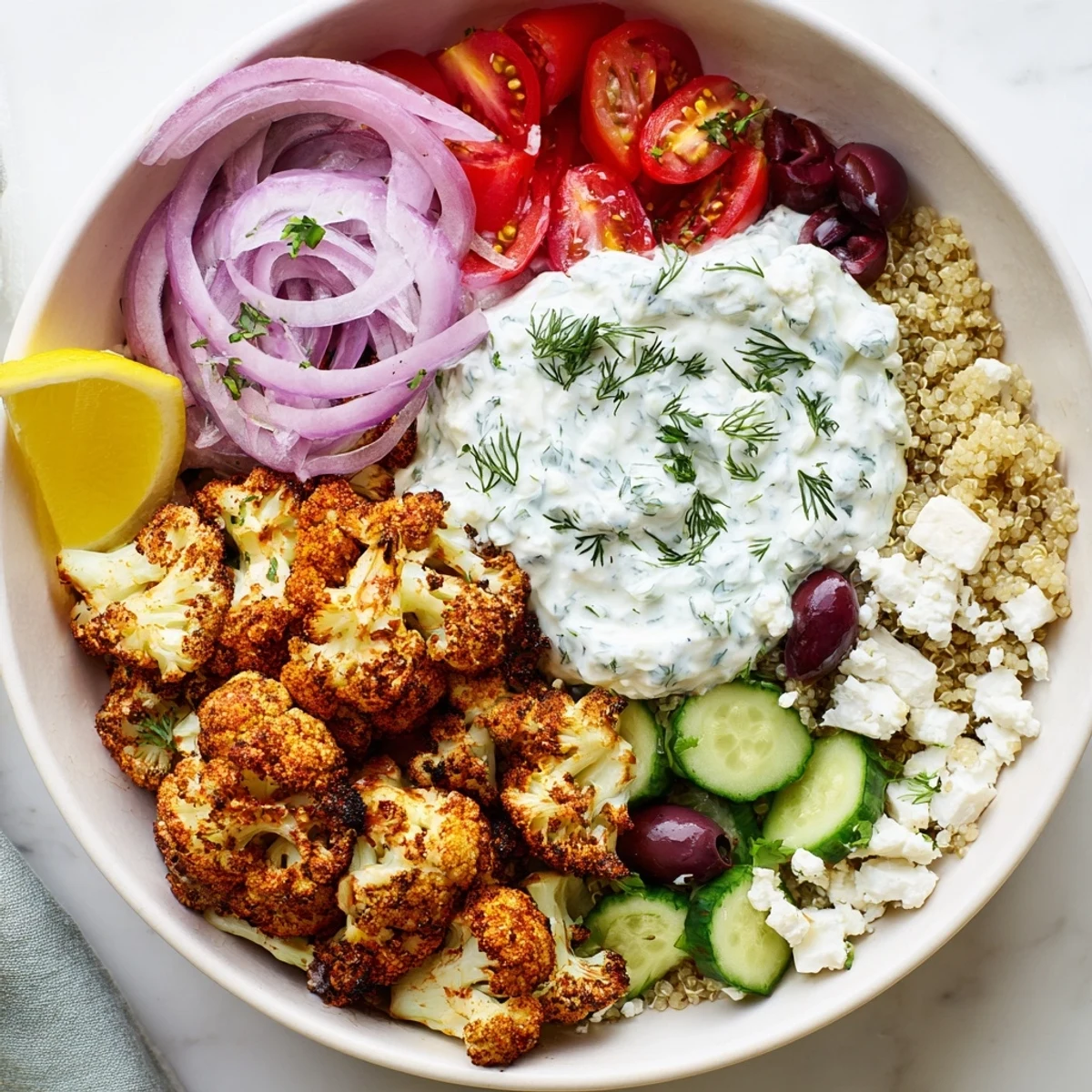 Colorful Greek cauliflower bowl with juicy tomatoes, olives, and cool cucumber on quinoa