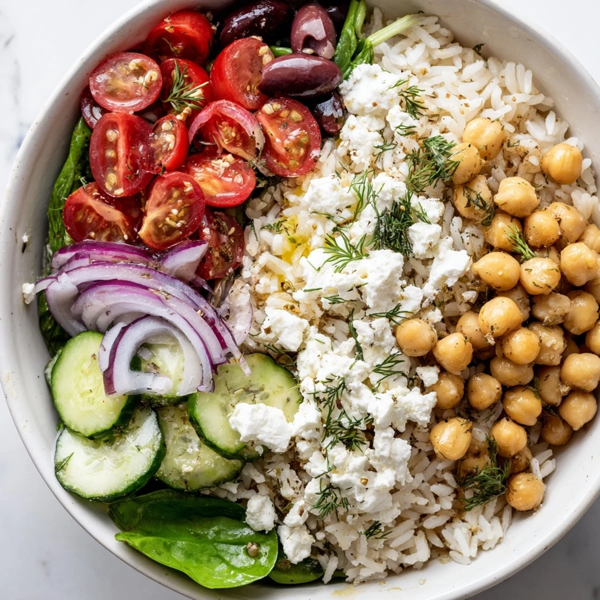 Mediterranean Rice Bowl topped with colorful fresh vegetables and crumbled feta cheese