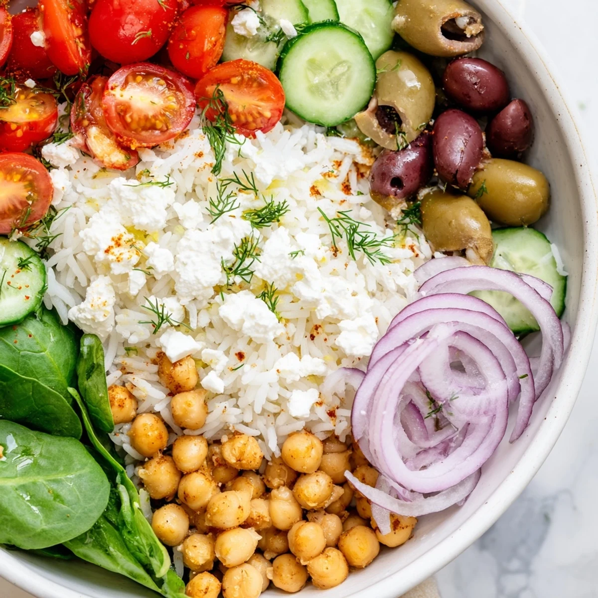 A vibrant Mediterranean Rice Bowl drizzled with lemon herb dressing on rustic table